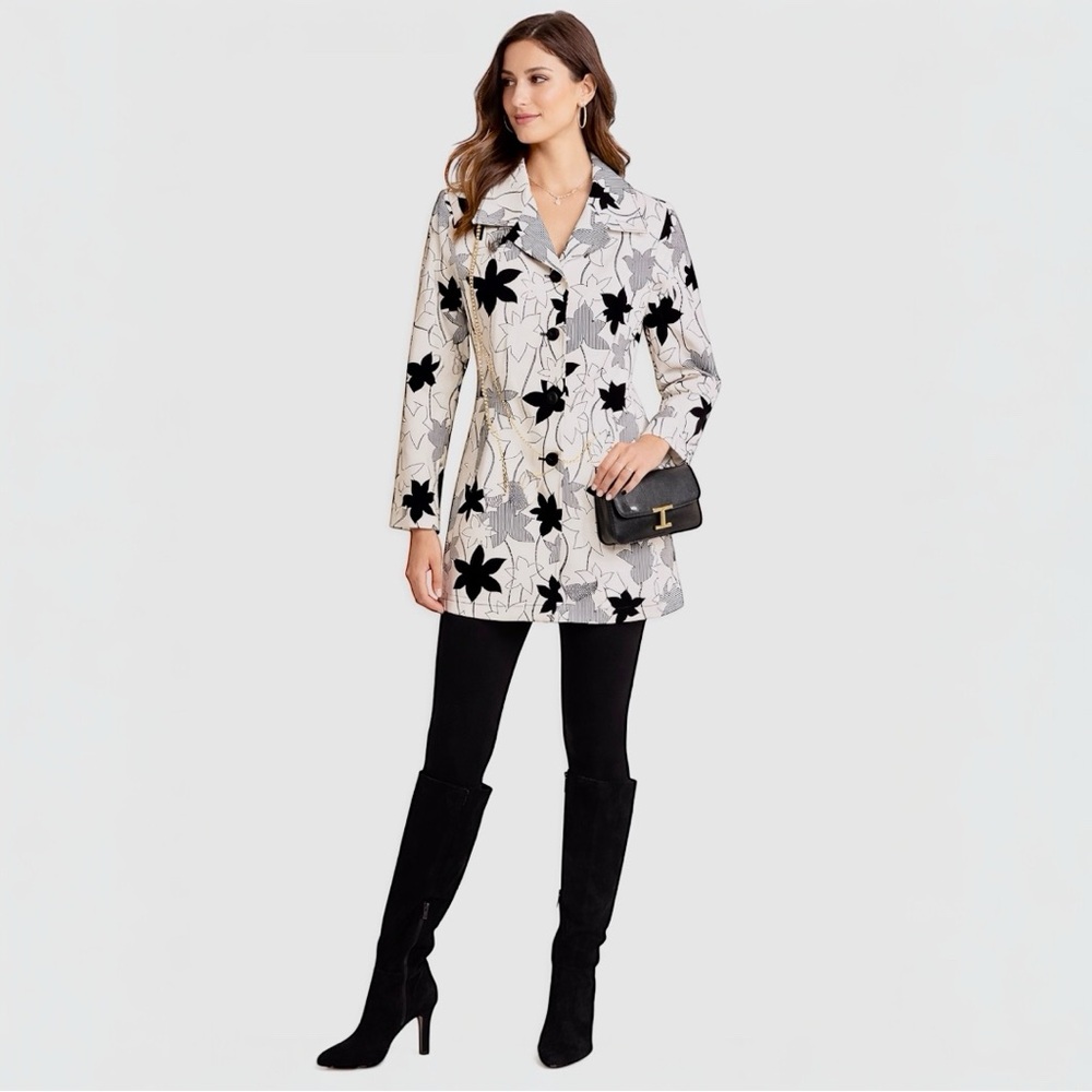 Black & White Floral Notch-Collar Pea Coat